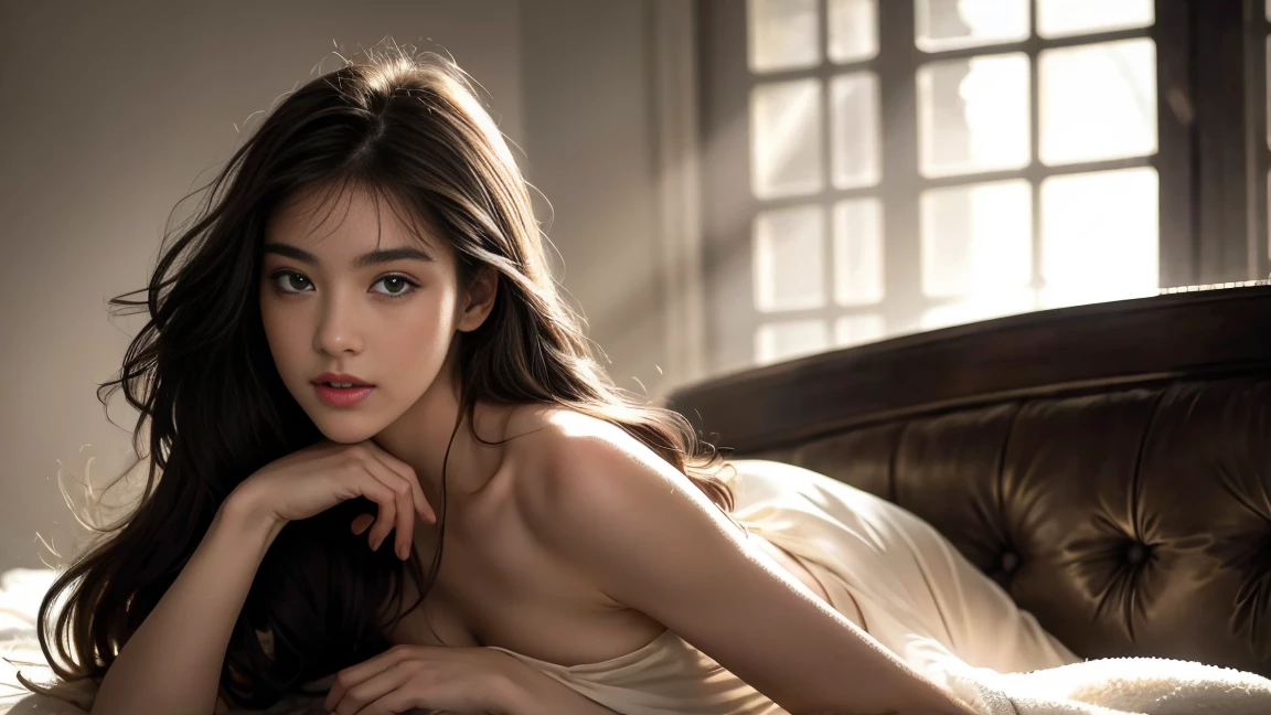 beautiful detailed young woman, 18 years old, black short sleeve nightdress, visible legs, (best quality,4k,8k,highres,masterpiece:1.2),ultra-detailed,(realistic,photorealistic,photo-realistic:1.37),elegant,graceful,natural light,soft lighting,warm colors,detailed facial features,long eyelashes,full lips,glowing skin,portrait,fashion photography