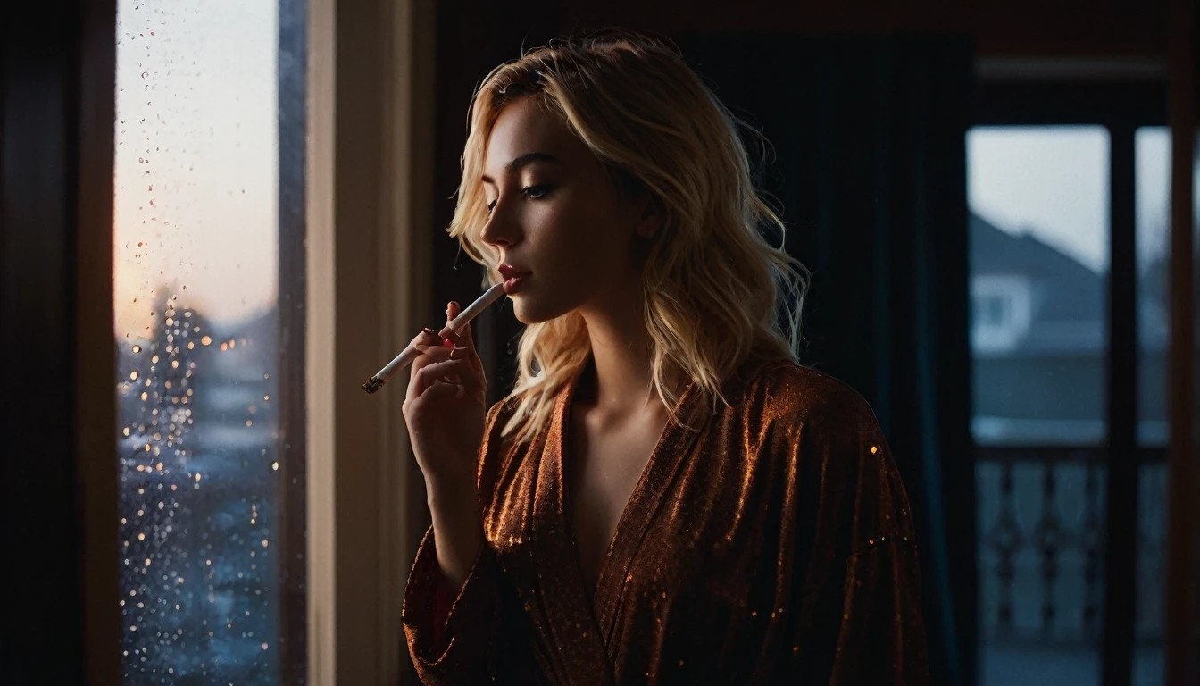 sexy waitress, 70s, mustard-colored waitress uniform, white apron, red lips, blonde, sexy mole above upper lip, smoking, leaning against wall, on a dark street, night, neon signs in the background 