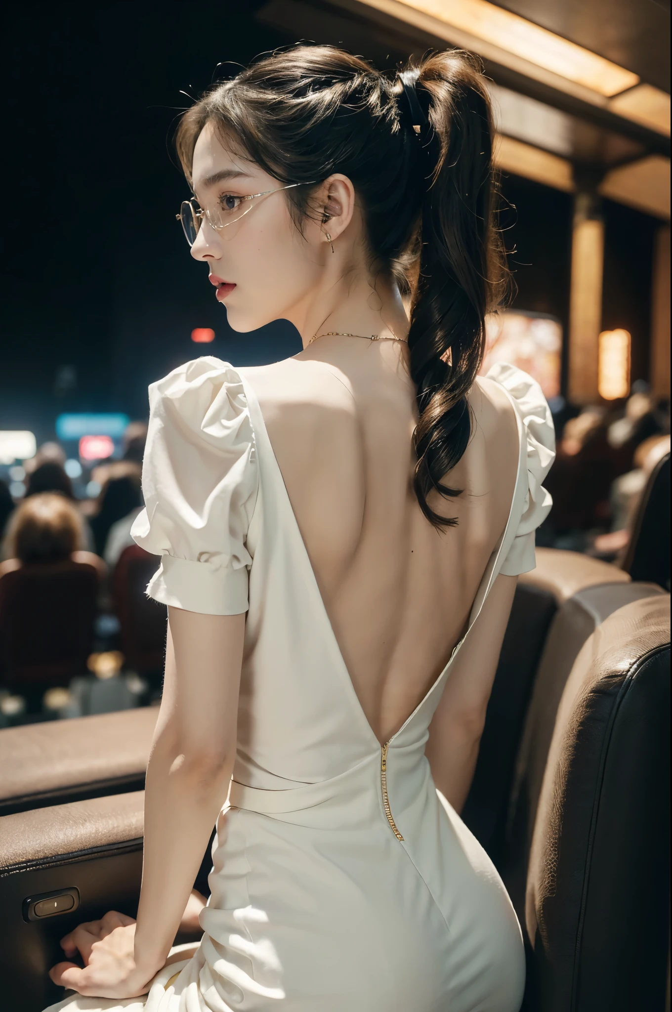 (((best quality))),(((ultra detailed))),(((masterpiece))),illustration,((a beautiful girl,solo)),(short ponytail:1.2),(glasses:1.2),((slim,thin)),((bare back,towering hips,butt crack)),(sitting:1.3),(in a movie theater:1.3),((white short-sleeved shirt,white flowing long skirt)),elegant, youthful innocence, radiant skin, focused eyes,(movie screen:1.2), (dimly lit:1.5), plush seating, intricate decorations, freshly popped popcorn, anticipation, peaceful expression, cozy surroundings, summer,(night scene:1.3),(Luxurious decoration:1.3), tranquility, joy,((Future technology sense, cyberpunk style)),((from back,upper body))