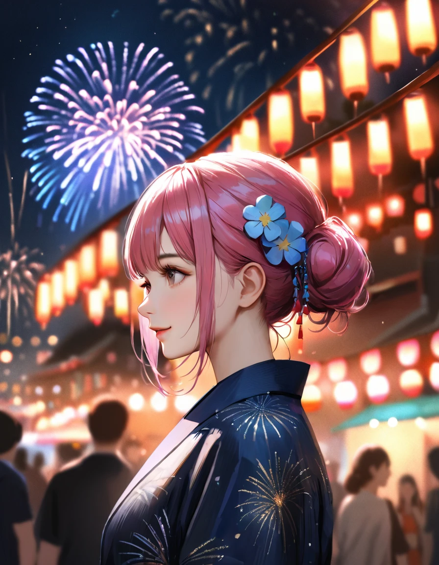 Young woman enjoying the summer festival,pinkeye,pink hair bun,Japanese-style hair ornament,night, Fireworks are going off,Yukata with a white floral pattern,Gazing at the sky,Blur the background,high school girl,smile,Glitter effect,Highest quality, 8k, High resolution, masterpiece:1.2, Very detailed, Realistic:1.37, High resolution, 超High resolution, Ultra-fine painting, Very detailed, Professional, Vibrant colors