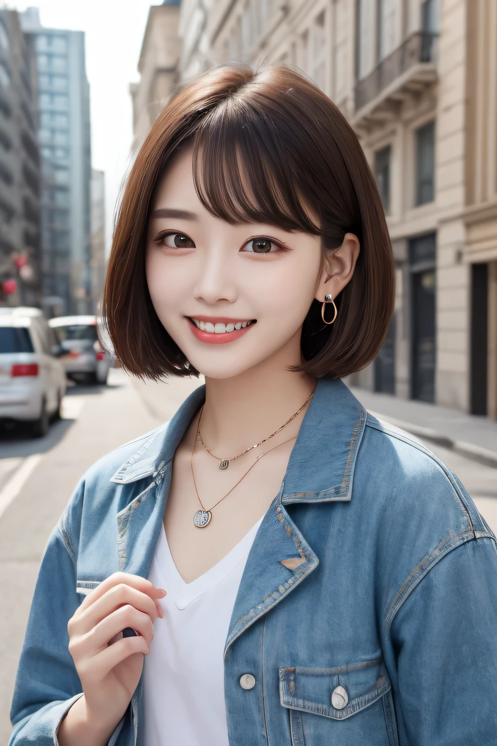 Highest quality, ,smile、Beautiful teeth alignment、Light brown hair、Short Haircut、Dark eyeliner、Jacket、shirt、ear piercing、necklace,、The background is the building&#39;s corridor.