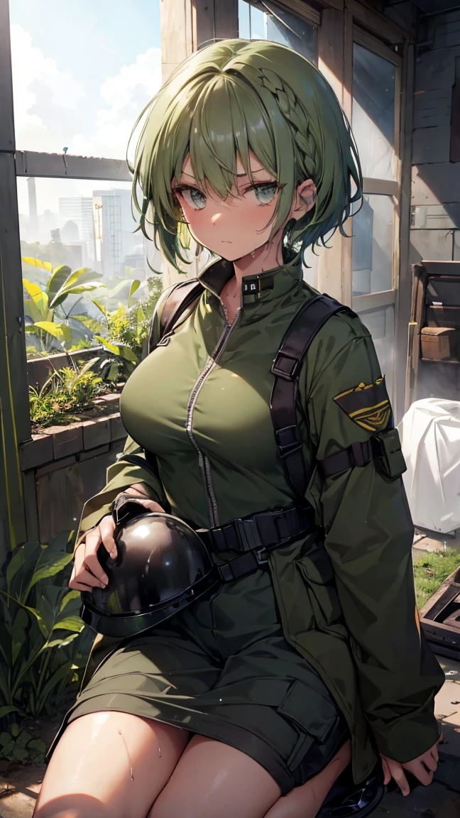 High resolution,high resolution,Girl,(Unshaven,Braiding,Dark green hair,Short Hair,),Grey Eyes,Slanted Eyes,Bad mood,Brown skin,boyish,slender,Military Suits,Bandage,Soldier,battlefield,trench,Dog Tags,Helmet,Large Breasts,Wet with sweat,bandage,Get on one knee,tank