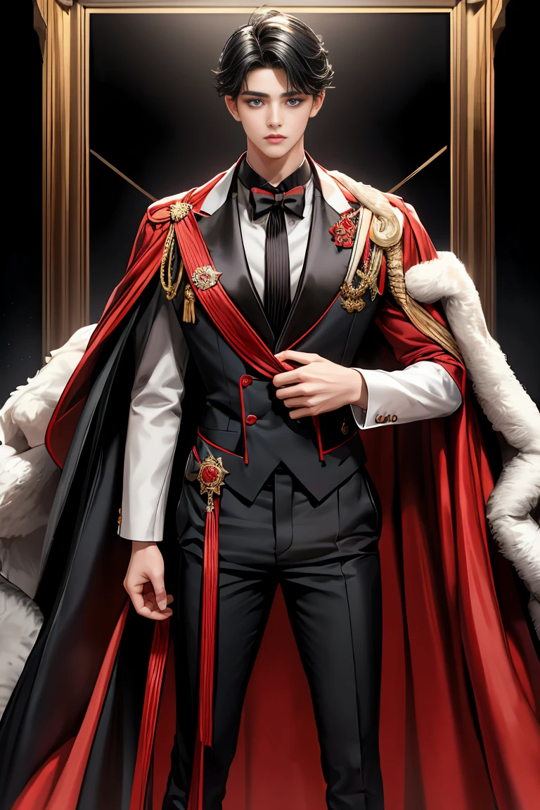 
masterpiece, 最high quality, high quality, 1 boy, alone, Male focus, Watching the audience,  Messy black hair, Adorable big blue eyes, White, Noble, Noble,A black and red cape that is bursting with sexy volume、Tuxedo、A very voluminous, large, very large, very large, long, long red and black cape with a high stand-up collar, made of a lot of fabric that reaches down to the floor., ,Cute beautiful boys,Cute, cute, kind, handsome guy