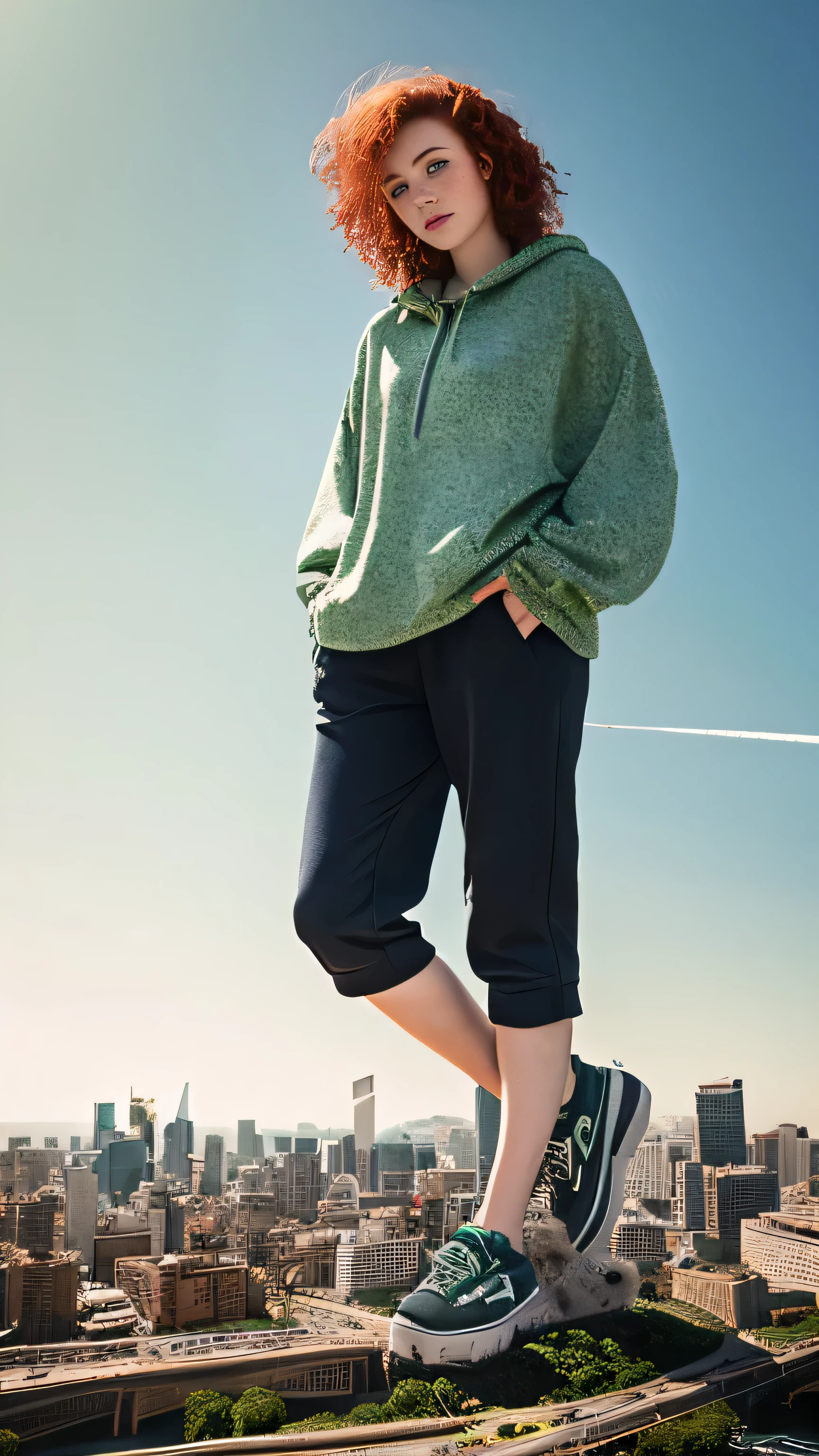 City,one woman, natural irish red hair, curly hair, cute 18 years old, natural makeup, freckles, green eyes, european girl,natural light, giantess, giga giantess, city destruction, sneakers, skyscrapers, city destruction, collapsing buildings, fire, smoke, explosions, dust explosions, gray tint, clear sky