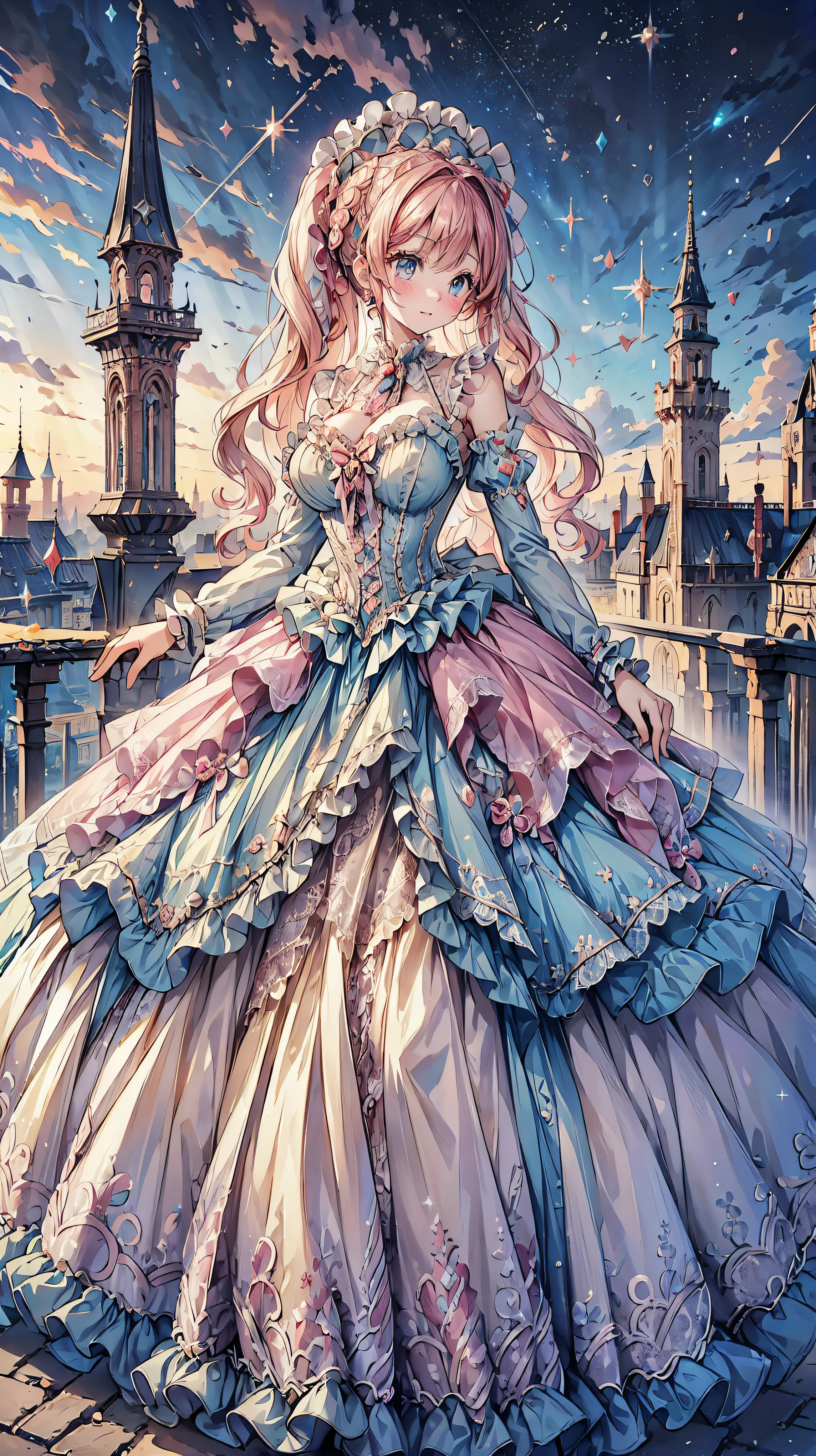 ((Superbly detailed drawing, ultra detailed, exquisite quality, absolutely resolution)), (((young face solo princess))), (((Unsurpassed gorgeous rococo victorian gown with voluminous huge hoopskirt and long hems, princess style skirt:1.5))), ((transparency gown, fluffy and full of pleats skirt:1.3)), (Super detailed and intricate exquisite design gown:1.5), ((overwhelming amount many ruffles with ribbons with intricate lace with Super detailed and intricate embroidery gown:1.9)), ((huge breasts, breasts cleavage)), (ponytail, fluffy long Expressive, hair pink hair), super voluminous long hair, hair ornament tiara, happy smile, (((curtsey:2))), (blurry background, depth of field:1.35), super detailed skin, super delicate and beautiful face, (eyes blue eyes), (backlighting, particle effect, caustics), (((sharp focus))), ((water city, fantasy castle, night sky)), (magnificent panorama view, dynamic angle:1.3), 