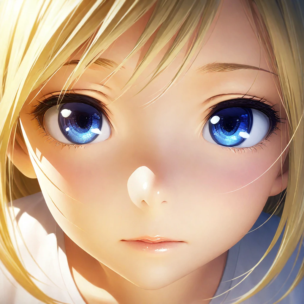 portrait, Practical, blue eyes, Blonde hair, Mid-chest, 4K resolution, High quality CG, Beautiful CG, Soft Light, Octane Rendering, white t-shirt, ultra-wide angle, front, direct gaze, frontal view, headshot