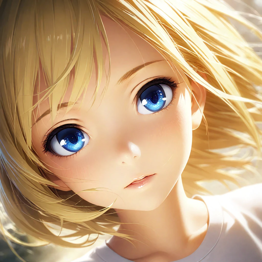 portrait, Practical, blue eyes, Blonde hair, Mid-chest, 4K resolution, High quality CG, Beautiful CG, Soft Light, Octane Rendering, white t-shirt, ultra-wide angle, front, direct gaze, frontal view, headshot