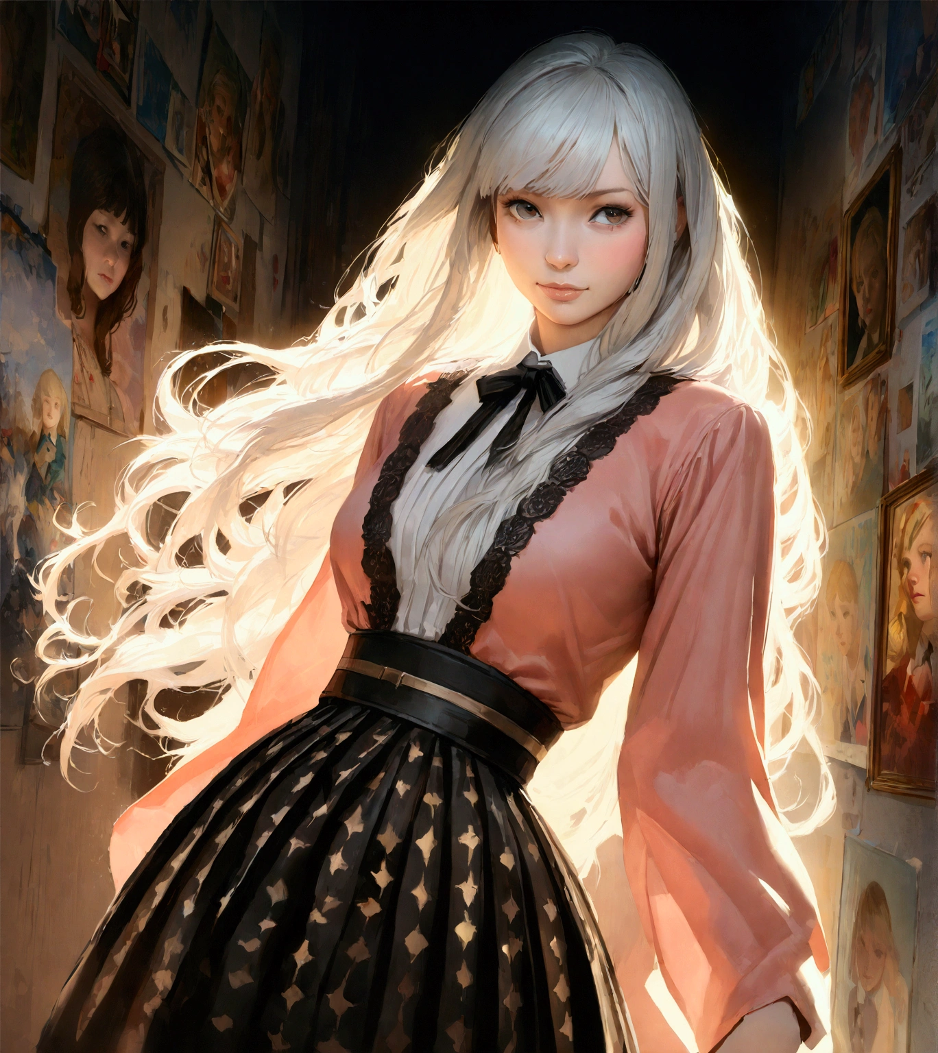 Hyperrealist portrait of female by david hockney and alphonse mucha,fantasy art, photo realistic, dynamic lighting, artstation, poster, volumetric lighting, very detailed faces, 4 k, award winning,, 1girl, in the dark, deep shadow, low key,cowboy shot,(official clothing:1.4) ,long hair,white hair,
