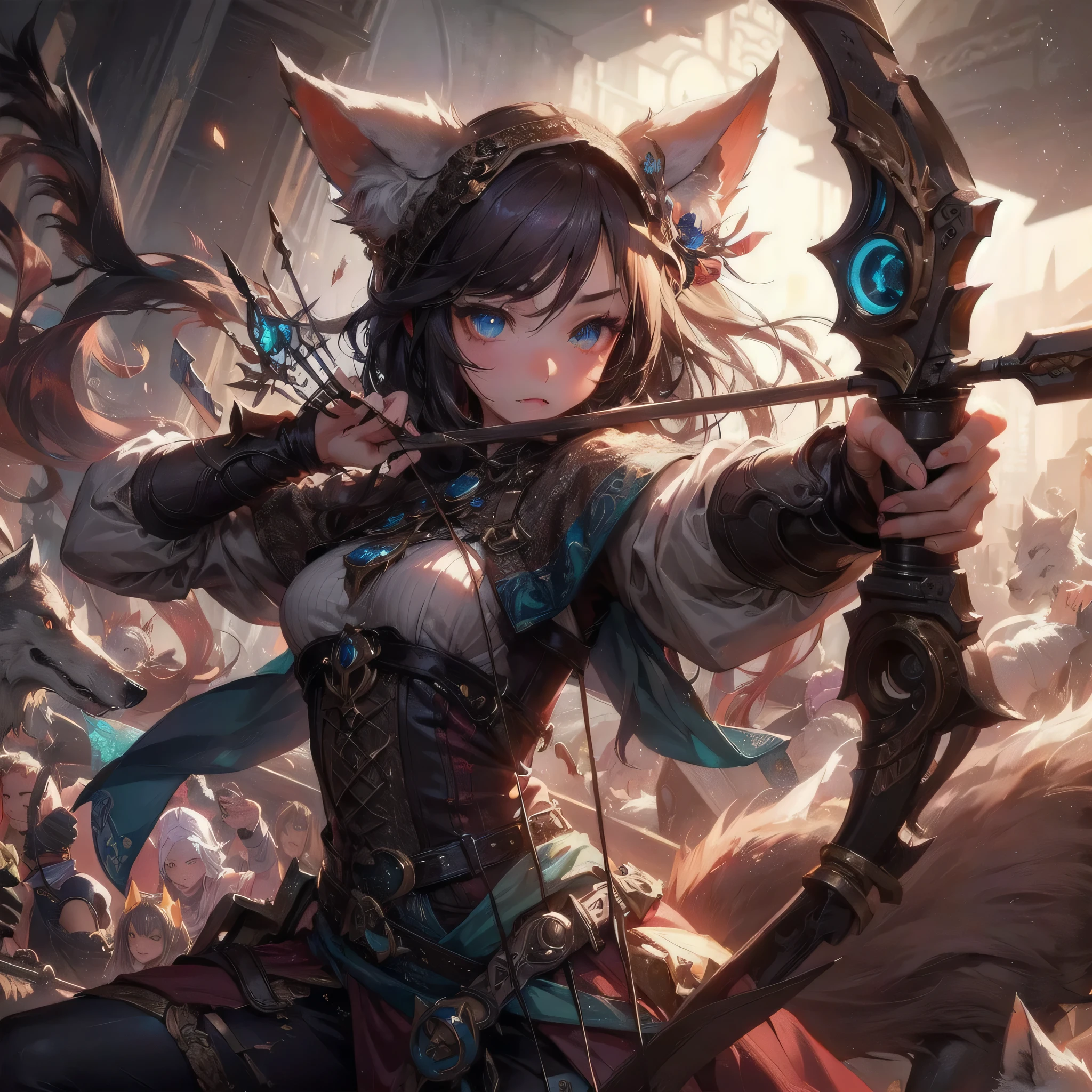  masterpiece, (textured skin), best quality, gorgeous beautiful, (a beautiful girl,wolf ears,wolf tail),detailed clothes,large breasts,narrow waist,, (beautiful face), cinematic lighting, (fantasy anime art ),