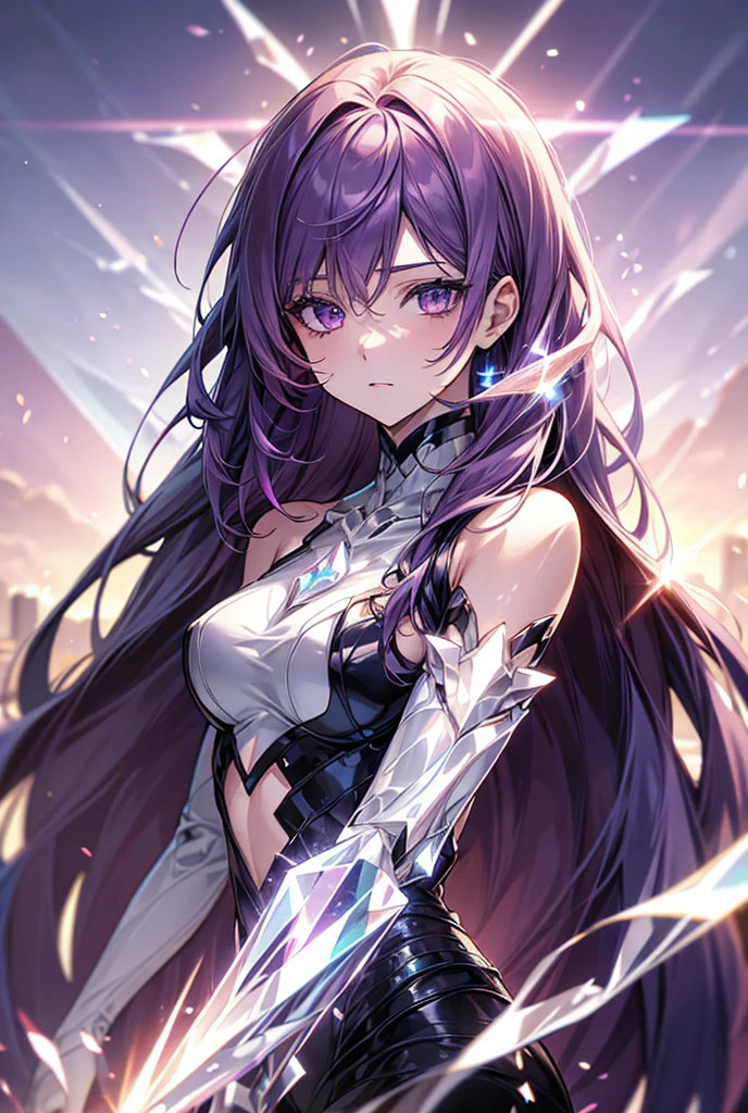 purple hair, shiny hair, crystal hair, Surrealism, anime, backlighting, 8k, super detail, UHD, retina, accurate, anatomically correct, textured skin, super detail, high details, high quality, award winning, best quality, highres
"Create an AI-generated image of a girl with purple hair, evoking destruction and regeneration. Set the background to represent a world of black and white."
