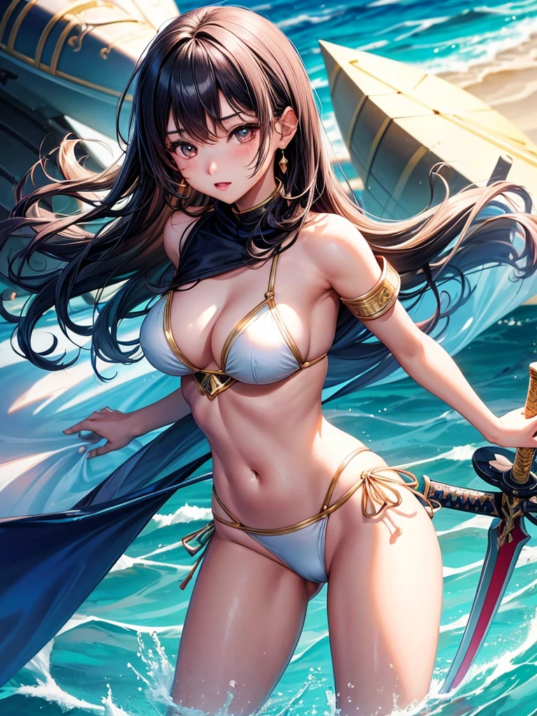 Beautiful Asian girl, 18 years old, light bikini knight girls, sexy lady, medium breasts, camel toe, long sword,