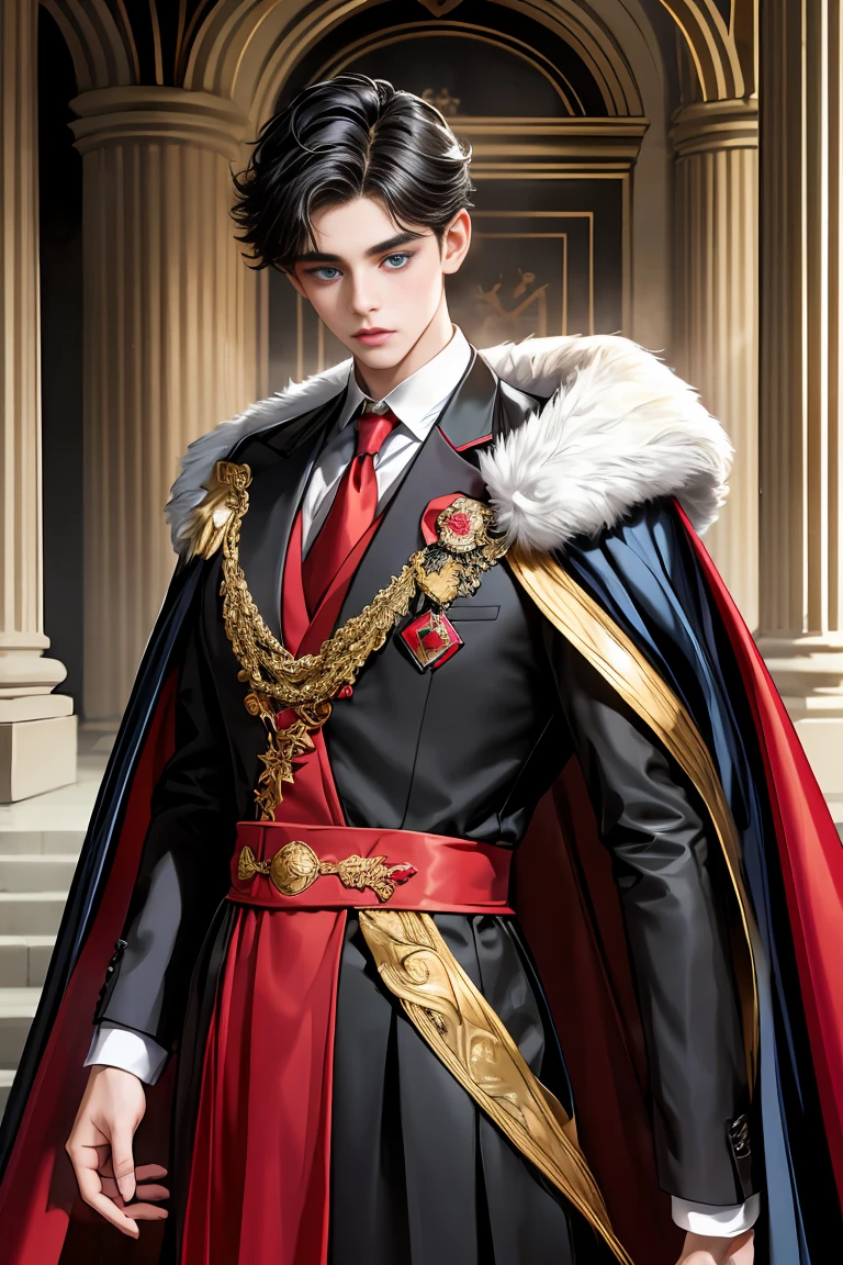 masterpiece, 最high quality, high quality, 1 boy, alone, Male focus, Watching the audience, Messy black hair, Adorable big blue eyes, White, Noble, Noble,A sexy, voluminous, puffy cape、tuxedo、A very voluminous, large, very large, very large, long, long red and black cape with a high stand-up collar, made of a lot of fabric that reaches down to the floor., ,Cute beautiful boys,Cute, cute, kind, handsome guy