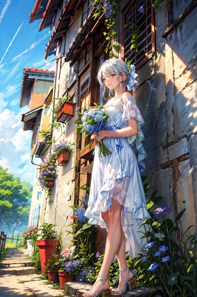 Azure sky and a bouquet of natural flowers.