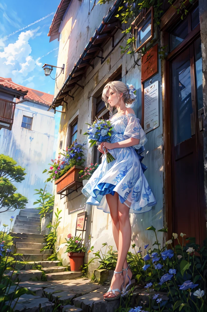 Azure sky and a bouquet of natural flowers.