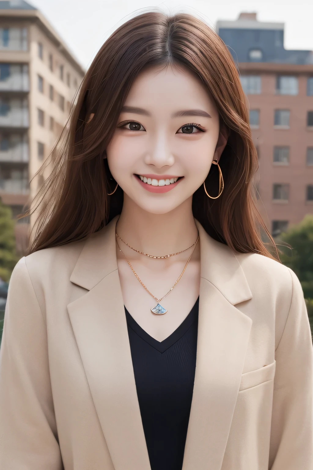 Highest quality, ,smile、Beautiful teeth alignment、Light brown hair、Dark eyeliner、Jacket、shirt、ear piercing、necklace,、The background is the building's corridor.
