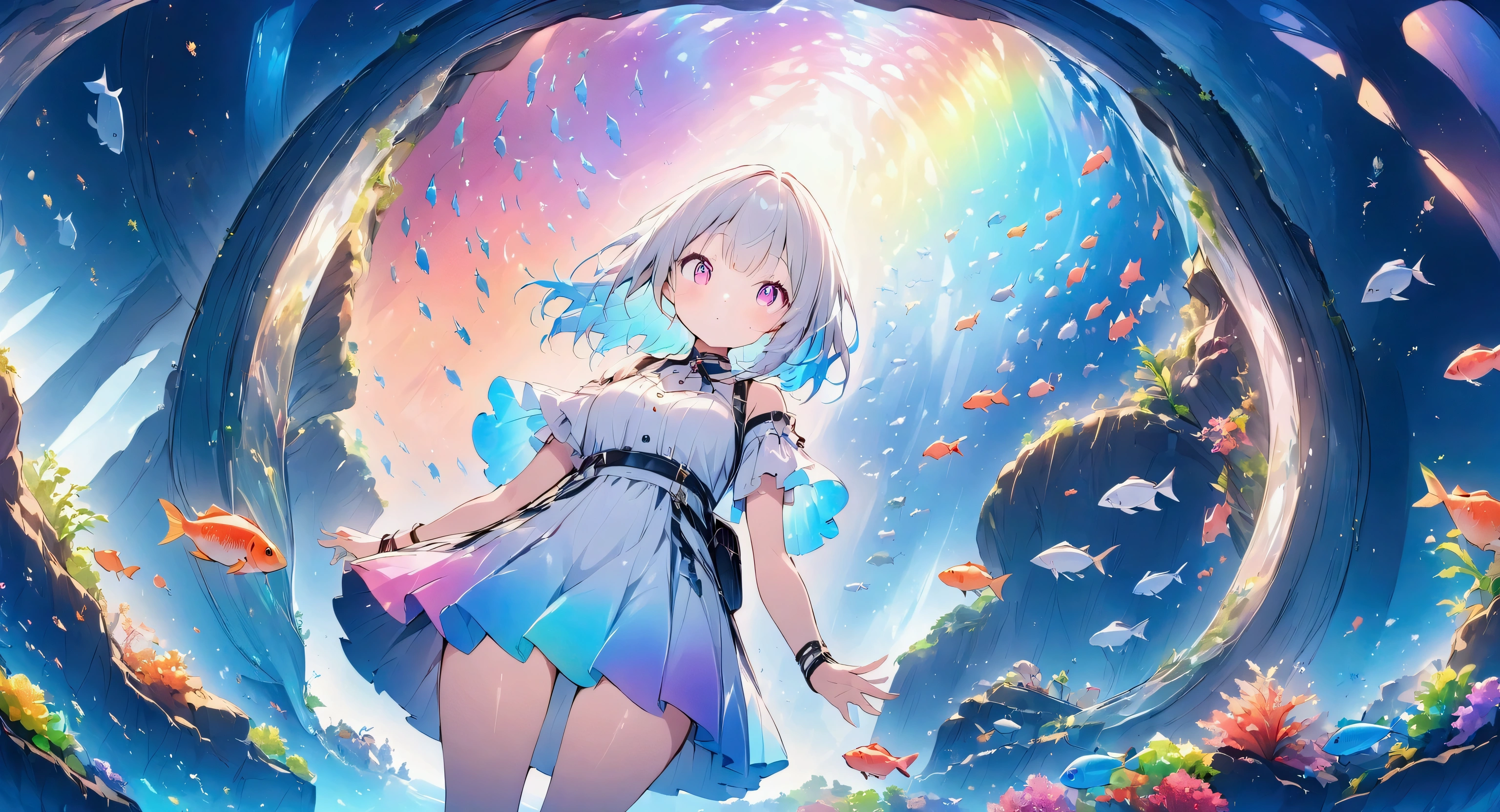 Anime Style、high resolution,((masterpiece:1.2)),aquarium、Aquarium with light streaming in、Beautiful fish、Girl looking at、cute,Wide-angle lens,Unrealistic colors、Rainbow colors