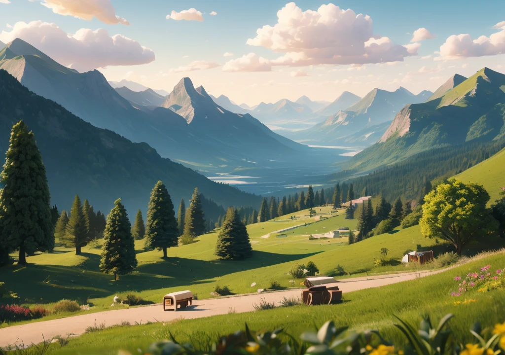 far and near method,I can see the mountains in the distance、There is a lawn in front、A landscape with nothing else
