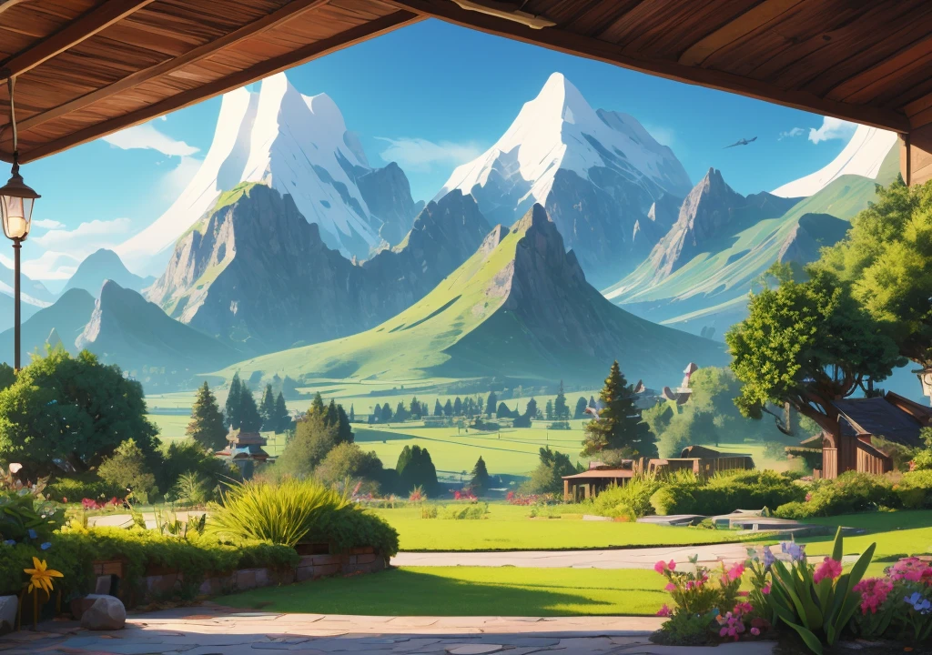 far and near method,I can see the mountains in the distance、There is a lawn in front、A landscape with nothing else