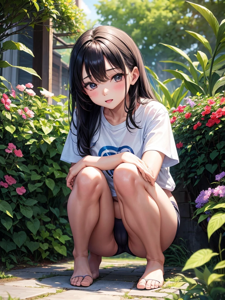 1girl, 20 yo, colorful Underwear, man t-shirt, Squatting, knees together, beautiful garden, กระโปรง เปิด มองเห็นกางเกงใน, กางเกงในสีขาว, กางเกงในรัดรูป, camel toe,