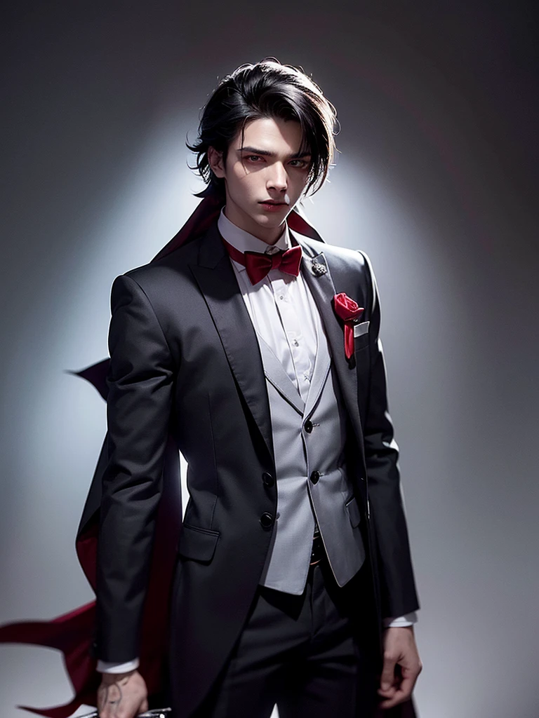 A hauntingly beautiful solo portrait of the striking young vampire boy, dressed in a dark, unisex suit with a long, curved sword at his side and a classic gun holstered at his hip. His piercing red eyes gleam with an otherworldly intensity under the soft glow of the full moon, as he gazes directly at the viewer with an air of mystique. A crimson bow tie adds a pop of color to his attire, complemented by a red bow and gleaming earrings. Fangs protrude from his parted red lips, and a brooch adorns his neck alongside a ring. Frills add a touch of whimsy to his outfit as he sits confidently, with sharp jawline and piercing eyes. In the background, a lone bat soars through the moonlit night sky, drawn to the boy's enigmatic presence, while the faint outline of a harf vampire hunter lurks in the shadows, ever vigilant for their next encounter.