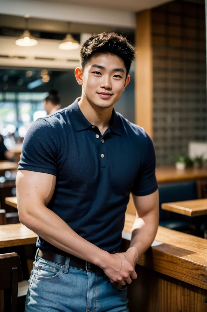 ((realistic daylight)) , Young Korean man in only a polo shirt, no stripes, and jeans., A handsome, muscular young Asian man looks at the camera.  , in the restaurant ,turn sideways, smile