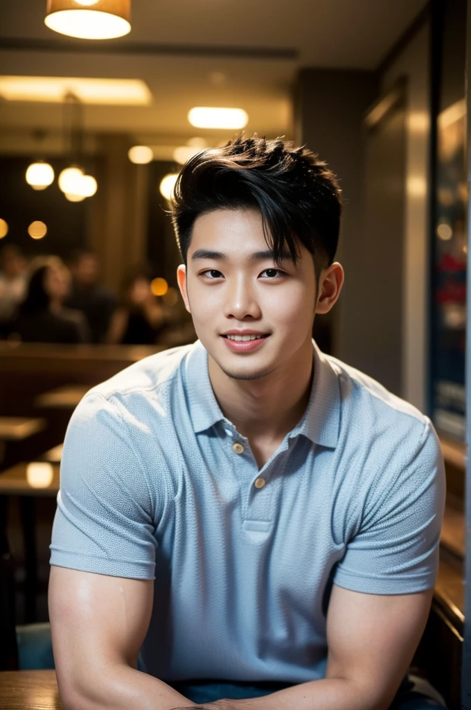 ((realistic daylight)) , Young Korean man in only a polo shirt, no stripes, and jeans., A handsome, muscular young Asian man looks at the camera.  , in the restaurant ,turn sideways, smile