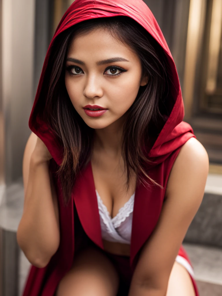 (best quality,4k,8k,highres,masterpiece:1.2)female,captivating eyes,pouty lips,seductive expression,expressive face,colored hair,colored skin,perfectly body,full body, random flirtatious pose,looking directly into the camera,showing confidence,she is wearing sexy outfit, ((assassin creed outfit)), white and red outfit ,White cloak，Full face mask, hidden blade