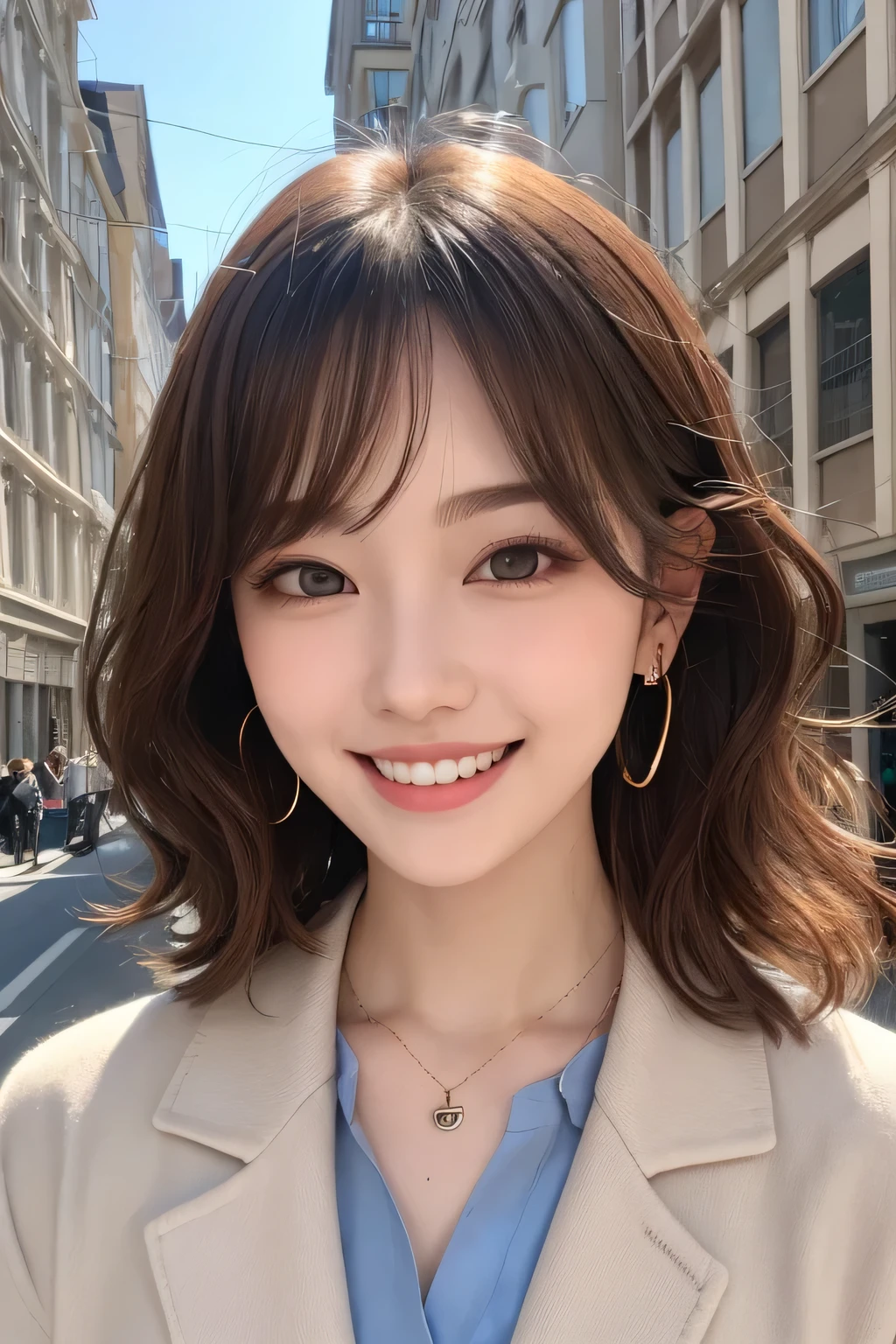 Highest quality, ,smile、Beautiful teeth alignment、Light brown hair、hairstyle semi long、Wavy Hair、Dark eyeliner、Jacket、shirt、ear piercing、necklace,、The background is the building's corridor.