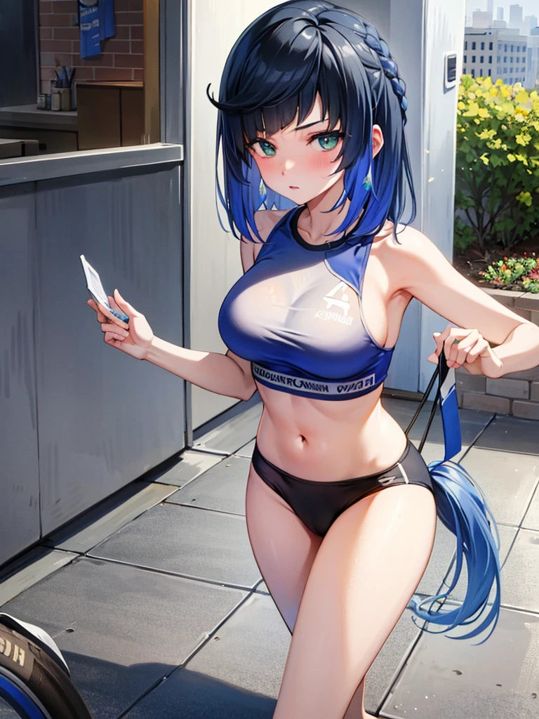 ((tmasterpiece,best qualtiy)), (1girll),((a matural female)),blue hairs,By bangiddlebreast,(plumw)sporty attire,Jogging exercise, ชุดรัดรูป, sexy girl, camel toe,
