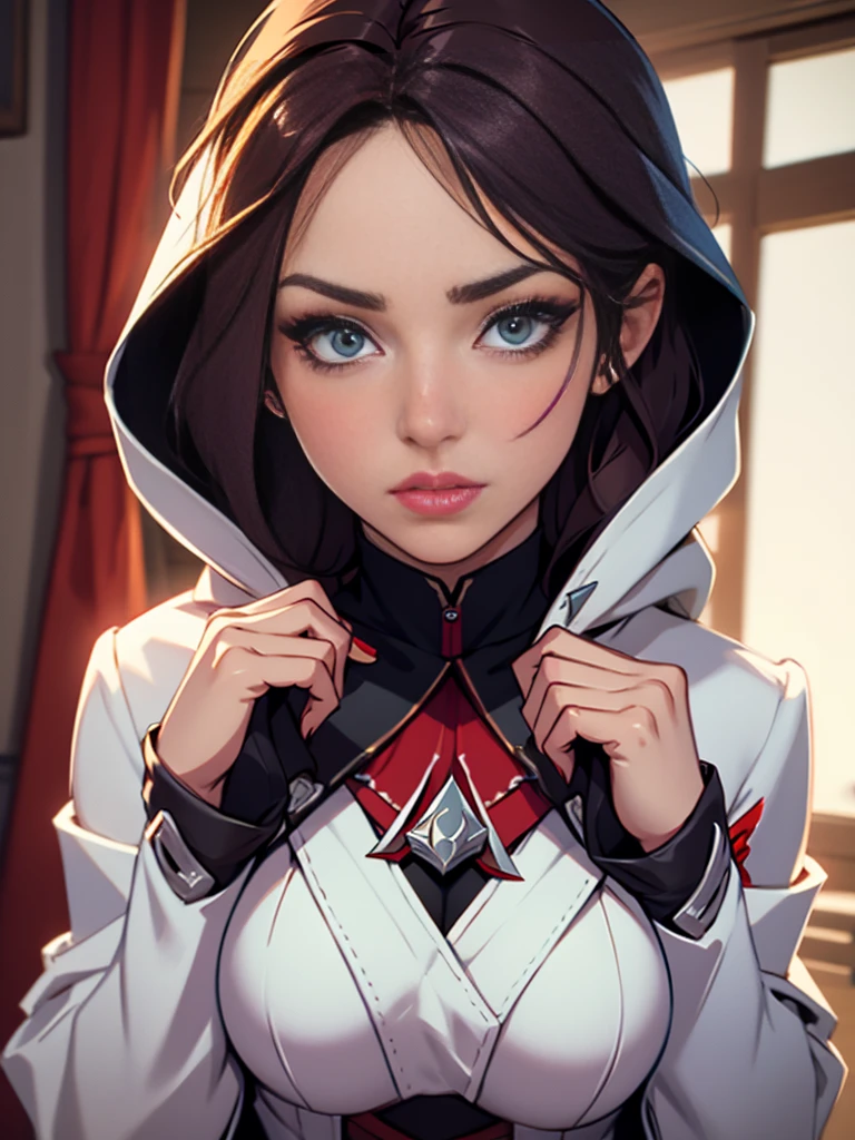 (best quality,4k,8k,highres,masterpiece:1.2)female,captivating eyes,pouty lips,seductive expression,expressive face,colored hair,colored skin,perfectly body,full body, random flirtatious pose,looking directly into the camera,showing confidence,she is wearing sexy outfit, ((assassin creed outfit)), white and red outfit ,White cloak,Full face mask, hidden blade