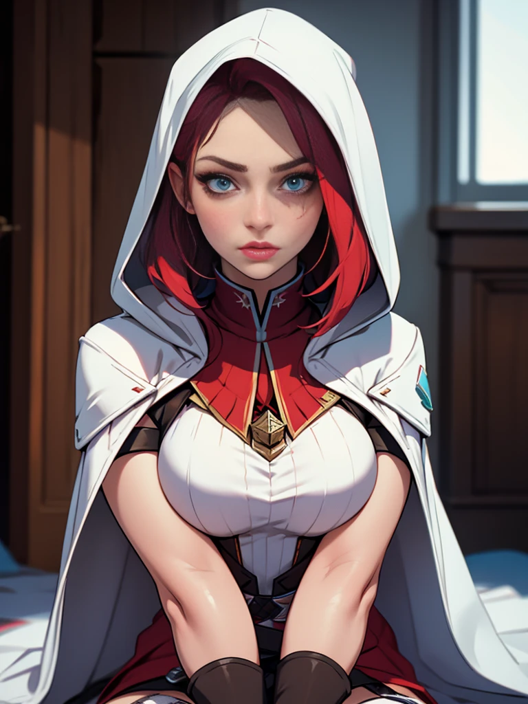 (best quality,4k,8k,highres,masterpiece:1.2)female,captivating eyes,pouty lips,seductive expression,expressive face,colored hair,colored skin,perfectly body,full body, random flirtatious pose,looking directly into the camera,showing confidence,she is wearing sexy outfit, ((assassin creed outfit)), white and red outfit ,White cloak,Full face mask, hidden blade