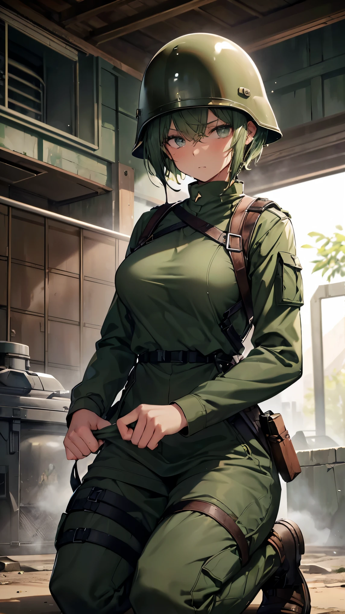 highest quality, Insanely Real, Very delicate and beautiful, Ultra-high resolution, (A very cute female aircraft mechanic, alone), wide々Inside the aircraft hangar, A World War II-era monoplane fighter can be seen in the background...., Aircraft parts scattered on the floor, Maintenance Tools, She is in charge of aircraft maintenance...., (Wearing a long-sleeved mechanic coverall with a military camouflage pattern, baggy:1.2), (Wear heavy duty mechanic gloves), (Wear a headset), Her hair will be tied up later, Very professional mechanics, Mysterious Smile, ((Very beautiful eyes and face)), (Amazingly beautiful, Natural skin texture), Accurate Eyes, Accurate needle, Overall well-balanced body, ((15-year-old girl, Very short hair:1.3, Cute type, slim, The body is slim:1.3, baseball cap), (Leaning forward, down blouse:1.5),((bare nipple,Definition nipples))