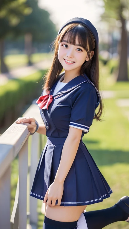 ((Highest quality、8k、masterpiece:1.3))、School、sailor suit、((over the knee socks))、loafers,high school student、Young Japanese woman,(Anatomically correct body)、（Perfect Body Beauty:1.2）、Highly detailed beautiful face、Beautiful skin texture、(smile)、Beautiful Eyes、double eyelid、(Large Breasts)、Beautiful long legs、(Looking into the camera)
