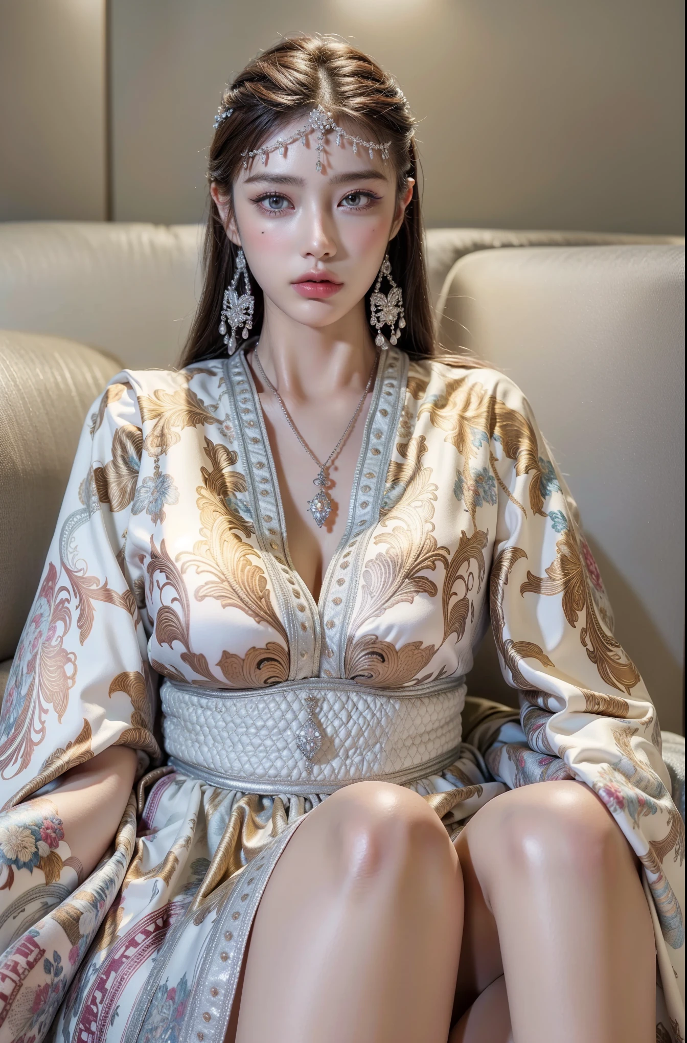 Game Art，CG Animation，Best image quality，Maximum resolution，8K picture quality，(A bust photo)，(portrait)，(Head close-up)，(Rule of Thirds)，Unreal Engine 5 rendering works，20 year old girl，((Queen))，The eyes are very detailed，(Large Breasts)，Elegance and nobility，Ray Tracing，Game CG，((3D Unreal Engine))，OC rendering reflection mode，4K，Ultra-clear，Translucent lace，Fair and plump figure，Pretty Face，Glossy Gel Coat，身着华贵礼服的Queen，Gorgeous clothing，Luxurious and exquisite jewelry，Colorful makeup，Full figure，Dark red lipstick，精致Gorgeous clothing，Supermodel，Gold Jewelry，Luxurious clothing，Gold and diamond jewelry，Legs straight，Sitting