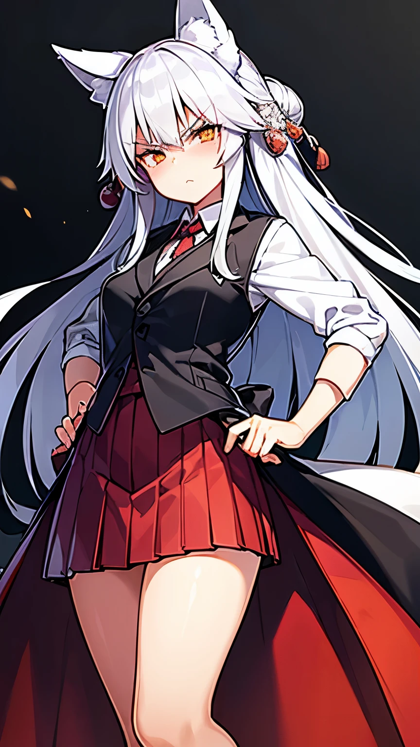 1girl, silver hair, japanese kitsune mask, vest, big size, formal, villain, fly, angry