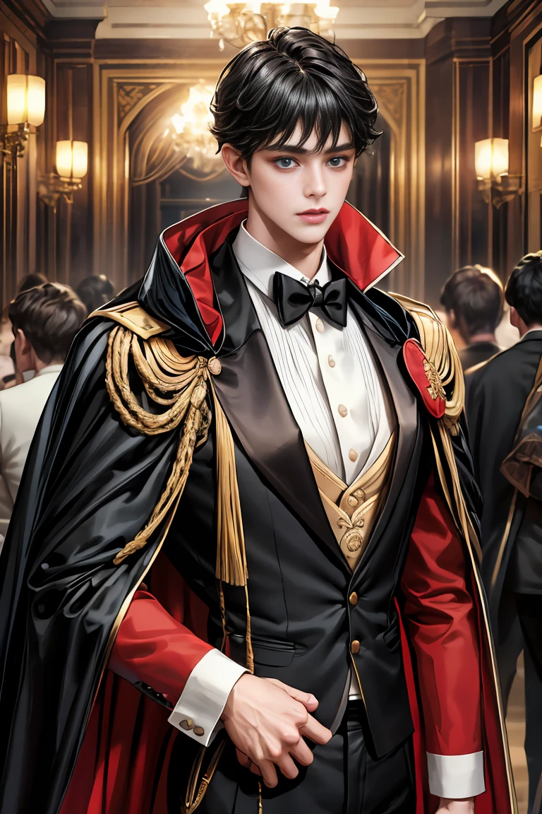 masterpiece, 最high quality, high quality, 1 boy, alone, Male focus, Watching the audience, Messy black hair, Adorable big blue eyes, White, Noble, Noble,A black and red cape that is bursting with y volume、Tuxedo、A very voluminous, large, very large, very large, long, long red and black cape with a high stand-up collar, made of a lot of fabric that reaches down to the floor., 17 te beautiful boys,Cute, cute, kind, handsome guy