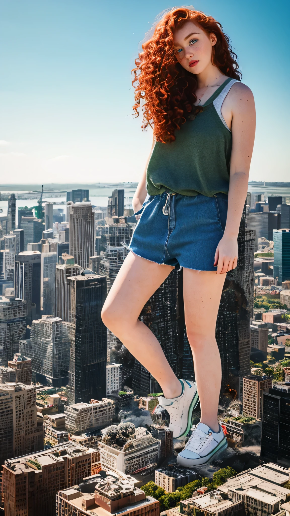 City,one woman, natural irish red hair, curly hair, cute 18 years old, natural makeup, freckles, green eyes, european girl,natural light, giantess, giga giantess, city destruction, sneakers, skyscrapers, city destruction, collapsing buildings, fire, smoke, explosions, dust explosions, gray tint, clear sky