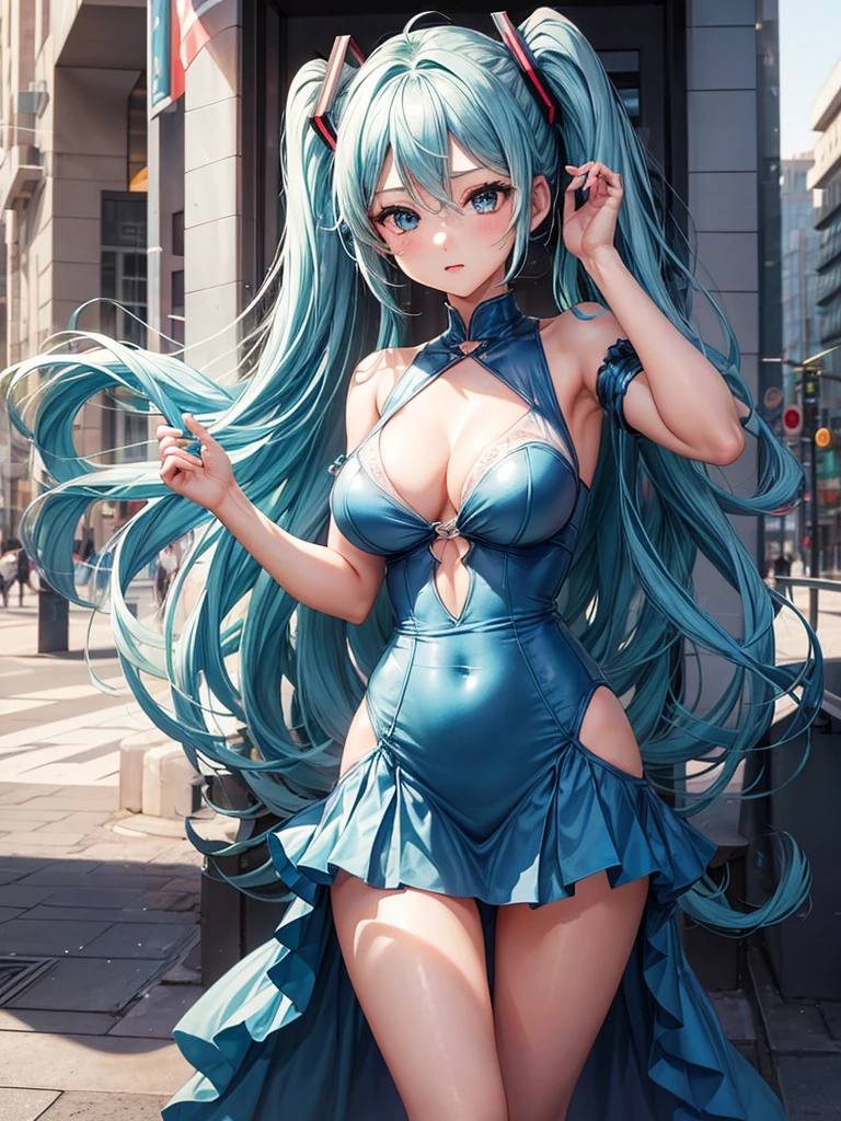 a girl, light blue hair, Hatsune Miku style hair, blue eyes, 20 years old, long navy blue dress, in berlin, modern city, accessories, sculptural body, best quality, masterpiece, busty. ,sexy girl, camel toe, ชุดรัดรูป, โชว์หน้าอก ,โชว์กางเกงใน,