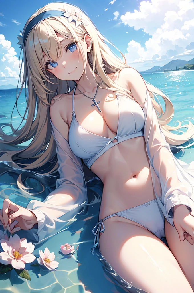 ((girl kawaii)), a extremely delicate and beautiful girl, beautifully painted, cute, sense of digital, best detailed girl, lying on the lake, wet, girl, young, long hair blown up, Hair with flower, (blond hair), cute face, (smile), complex details beautiful and delicate eyes, closed mouth, (large ), thighs, (pale blue eyes), (white skin), hairband, cross necklace, Bracelet, (white bikini), cardigan, white Clothes, (beach),( beautiful blue sky and white clouds), bloom effect, (((wallpaper 8k CG))), ((absurdres)), masterpiece