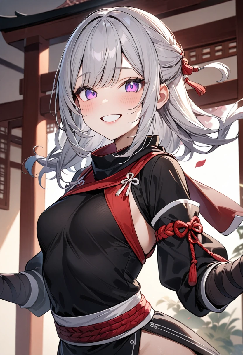 (masterpiece, top quality, very aesthetic, 4k、illustration), intricate detail, 1woman,Standing 、(upper body)、(),Cute 、big smile、Random Hair Color、,middle hair,sidelock ,Random Color eyes、ninja clothes、small breasts、Slim 、