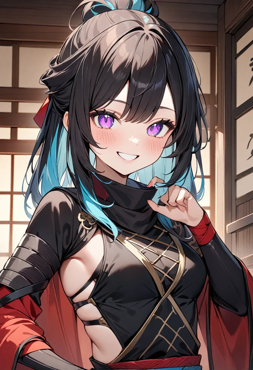 (masterpiece, top quality, very aesthetic, 4k、illustration), intricate detail, 1woman,Standing 、(upper body)、(),Cute 、big smile、Random Hair Color、,middle hair,sidelock ,Random Color eyes、ninja clothes、small breasts、Slim 、