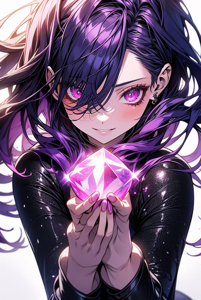 purple hair, shiny hair, crystal hair, Surrealism, anime, backlighting, 8k, super detail, UHD, retina, accurate, anatomically correct, textured skin, super detail, high details, high quality, award winning, best quality, highres
"Create an AI-generated image of a girl with purple hair, evoking destruction and regeneration. Set the background to represent a world of black and white."
