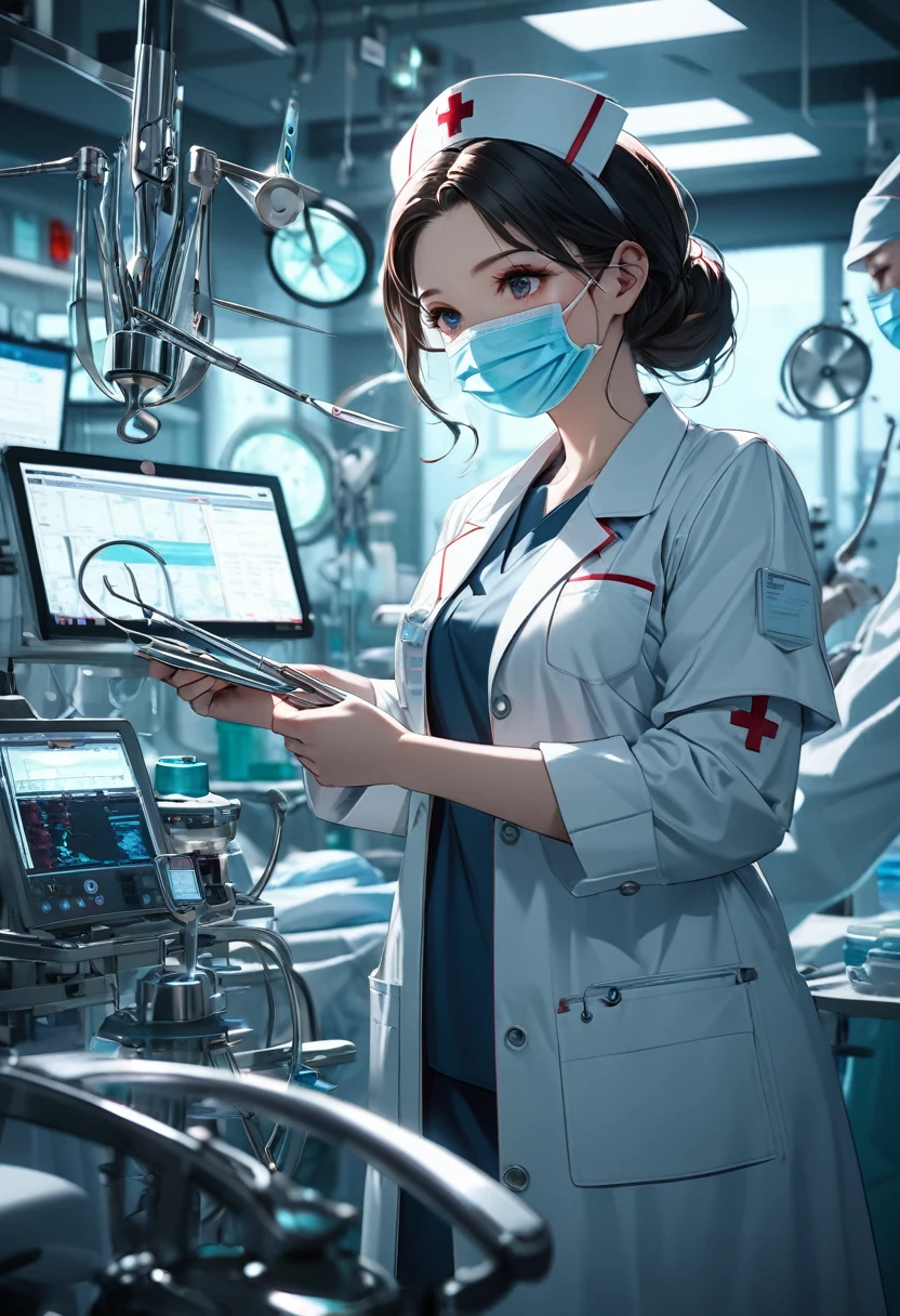 A young and beautiful female nurse，Wearing a white coat，Wear a medical mask，Wearing a nurse's hat，in the operating room，Hands holding surgical tools. There are many medical surgical instruments in the background. Complex style work with large depth of field and cinematic processing., Cinematic mood lighting creates dramatic effect Highly detailed structure digital art, high detail, High quality animation style