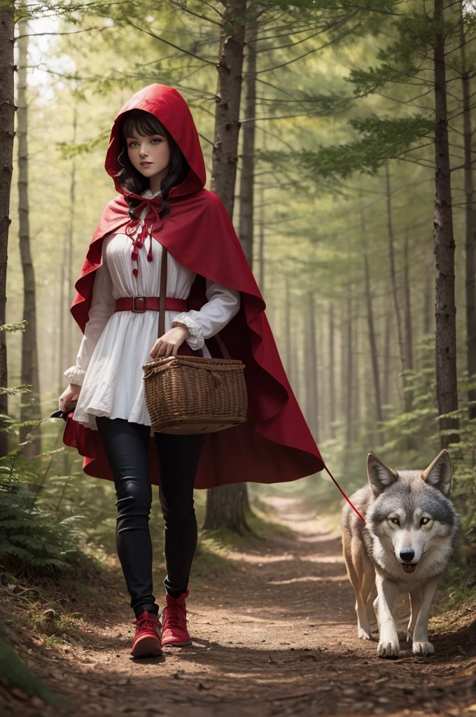 masterpiece, realistic, in the deep forests of dimly lit Europe, Little Red Riding Hood woman carrying a backpack in the shape of a wolf, 18 years old, glossy skin, full body, short red hair, thighs, calves, Little Red Riding Hood with deep slits, bare feet, trekking shoes, walking with a big wolf holding Little Red Riding Hood mascot character behind it, photorealistic