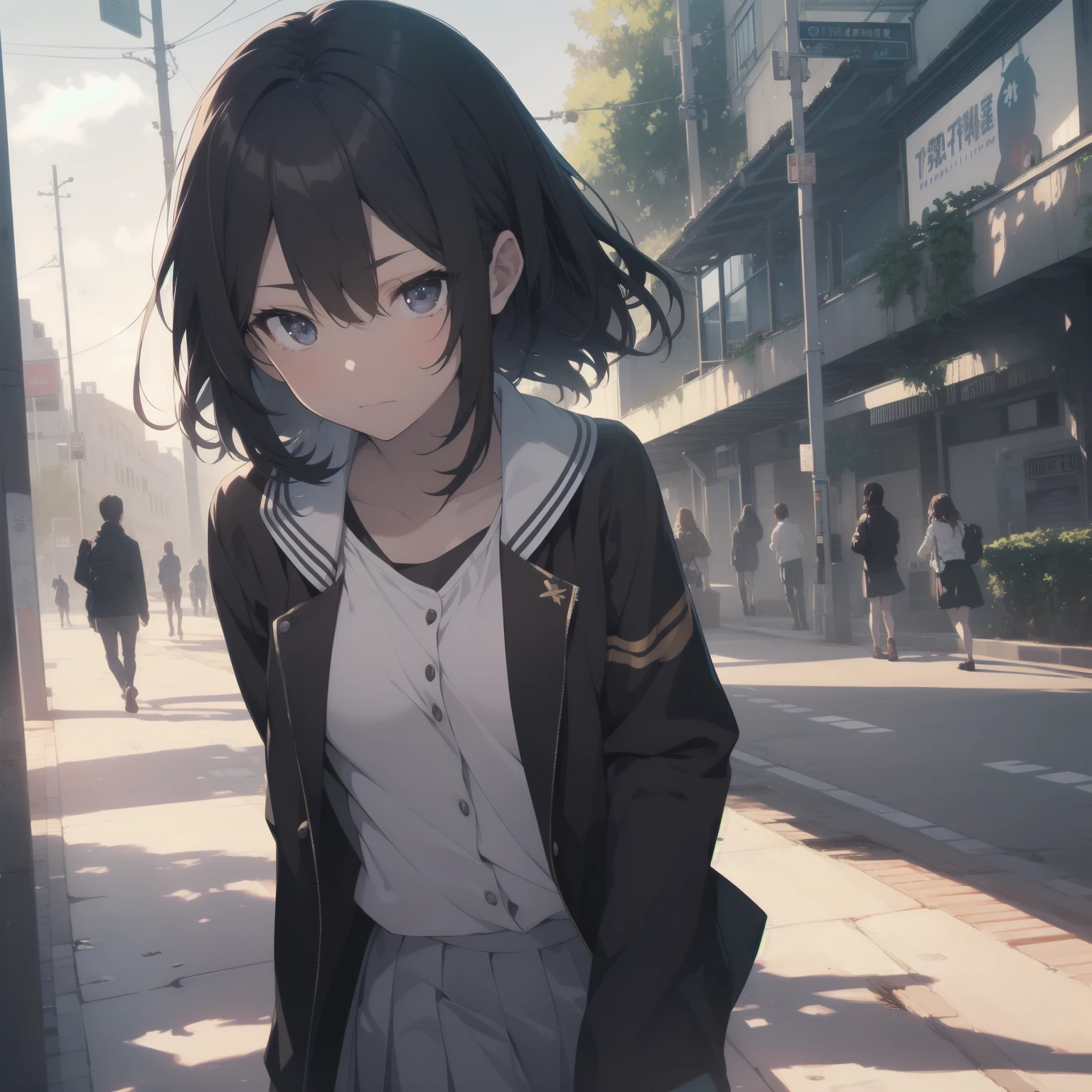 ultra-absurdres-Top quality by artist God, ultra-detailed, high resolution, anime moe artstyle, best anime 8k konachan wallpaper, pixiv contest winner, pool:2810, perfect anatomy,break, 1girl, (Please draw a girl walking sleepily to school alone. )break,(Solo,little female, 13-year-old:1.3),Full limbs, complete fingers,a junior high school student, (very short hair), short cut, flat chest, , small butt, small black eyes, beautiful detailed eyes, well-proportioned iris and pupils, expressive eyes, highres detailed hair, soft expression, salor school_uniform, sailor collar, serahuku, bow, pleated skirt,(Detailed Lighting), (Detailed background), in the School commute route. break,super detailed skin, Best cinematic lighting powered by famous artist, 8k,beauty illustration,photoshop_(medium),very aesthetic,break,((artist:zen_(kamuro) )), artist:clamp ,artist:carnelian ,artist:kantoku ,
