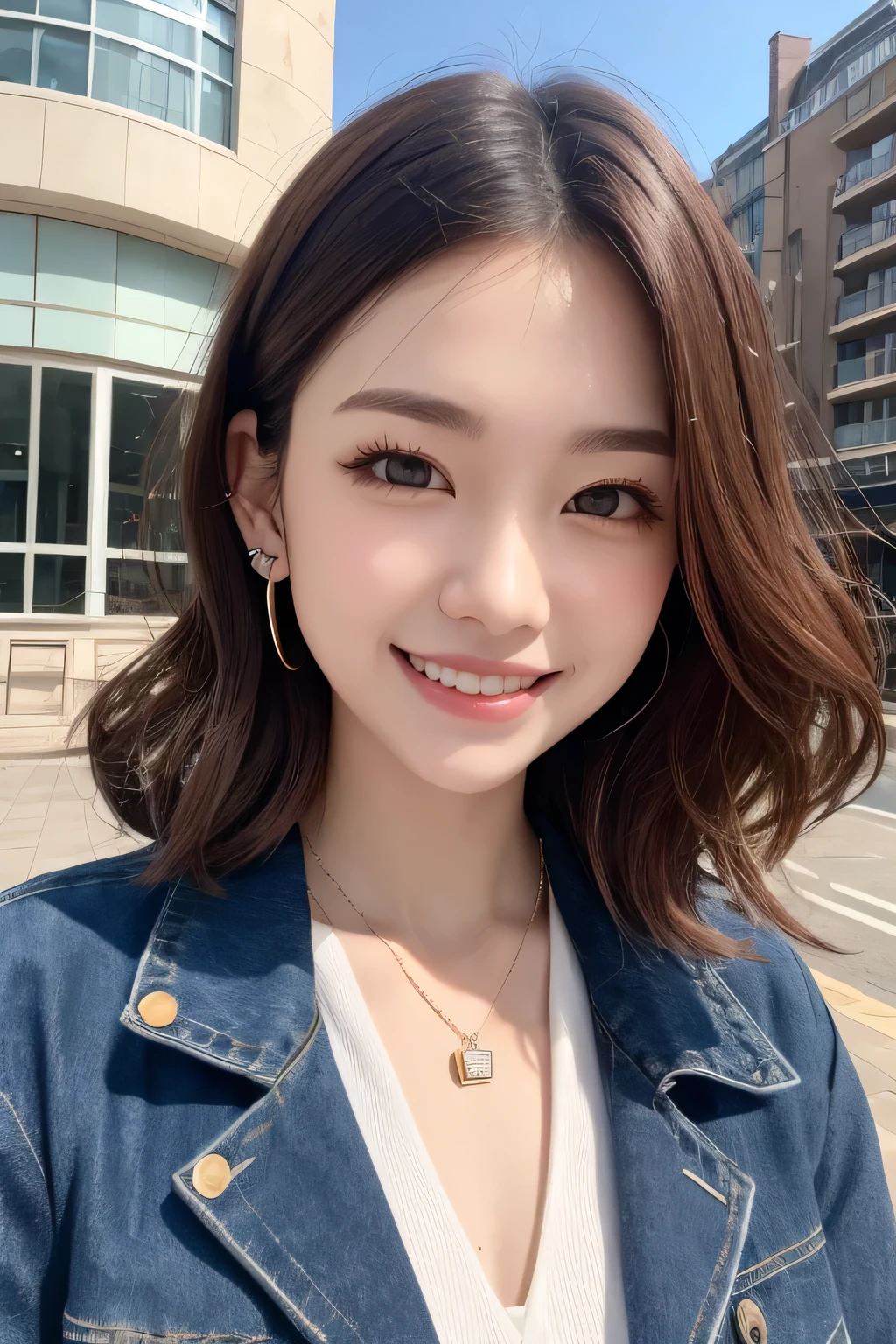 Highest quality, ,smile、Beautiful teeth alignment、Light brown hair、Dark eyeliner、、Long sleeve blouse、ear piercing、necklace, , Face Focus、The background is the building&#39;s corridor.