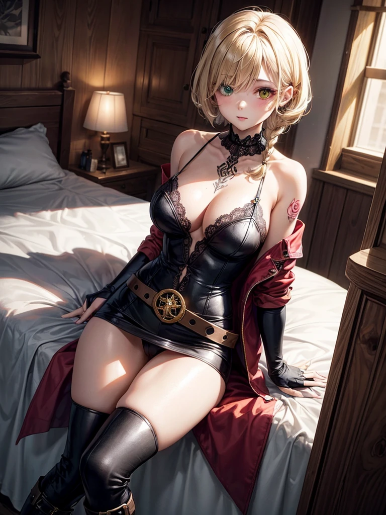 One female, chest-length wavy short blonde hair, Her bangs are cut in a straight manner but with a stylish, deliberate skew that almost covers her one eye in a mysterious way, single braid in hair. Heterochromia (one green eye and one yellow eye). She wears an outfit with lace, The outfit consists of combination of black and deep red. fantasy medieval look. Has a tattoo on her shoulder. She wears Boots, Fingerless gloves and waist belt., camel toe, ชุดรัดรูป, sexy girl, กางเกงในสีขาว,