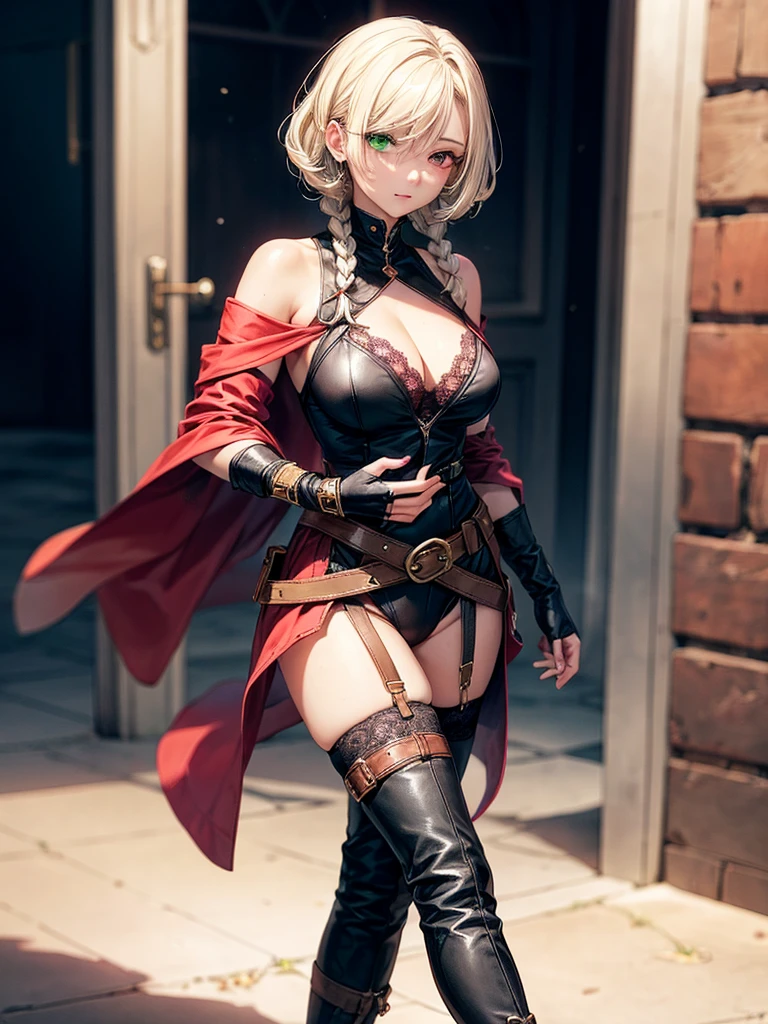 One female, chest-length wavy short blonde hair, Her bangs are cut in a straight manner but with a stylish, deliberate skew that almost covers her one eye in a mysterious way, single braid in hair. Heterochromia (one green eye and one yellow eye). She wears an outfit with lace, The outfit consists of combination of black and deep red. fantasy medieval look. Has a tattoo on her shoulder. She wears Boots, Fingerless gloves and waist belt., camel toe, ชุดรัดรูป, sexy girl, กางเกงในสีขาว,