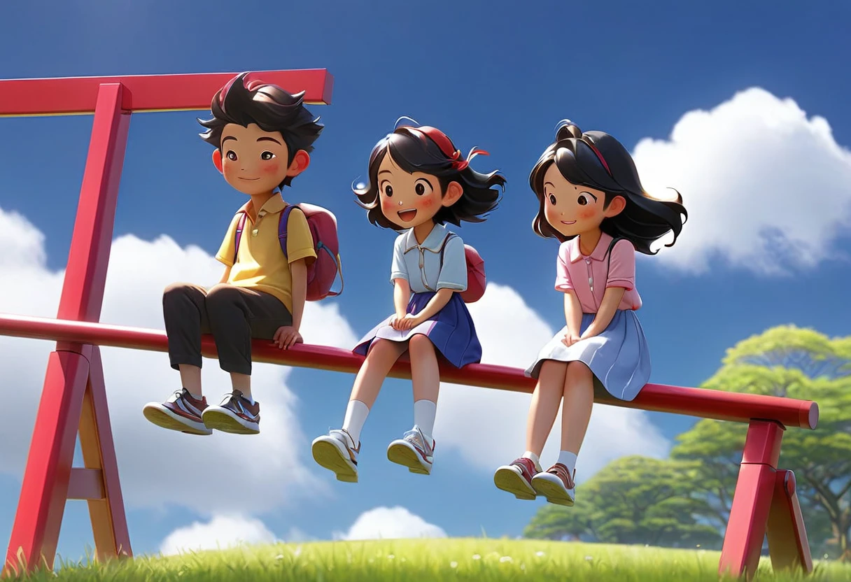Riding a seesaw、2people、I'm facing、一peopleがプレゼントを恥ずかしそうにI'm giving you a present、I'm giving you a present、Delighted with the gift、もう一peopleが嬉しそうに喜んでいる笑顔