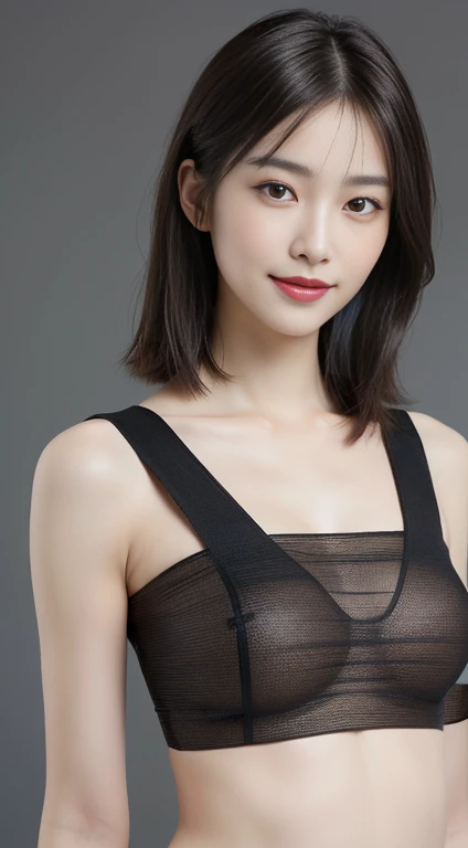 ((Realistic lighting, Highest quality, 8k, masterpiece: 1.3)), Clear focus: 1.2, 1 girl, Perfect Body Beauty: 1.4, Slim Abs: 1.1, ((Dark brown hair, Big Breasts: 1.3)), (Finished with black tape,Black or dark colored tapes only,Covering the body of a nude model, Bust top and under.: 1.4), (Simple gray background: 1.1),Black Tape Art, Mr.々Cutting design with a simple shape,whole body, Long legs, Simple gray background, Highly detailed face, Beautiful Eyes, double eyelid,Beautiful smile
